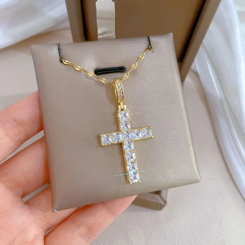 Women's Gold Cross Pendant Necklace – Stainless Steel Choker