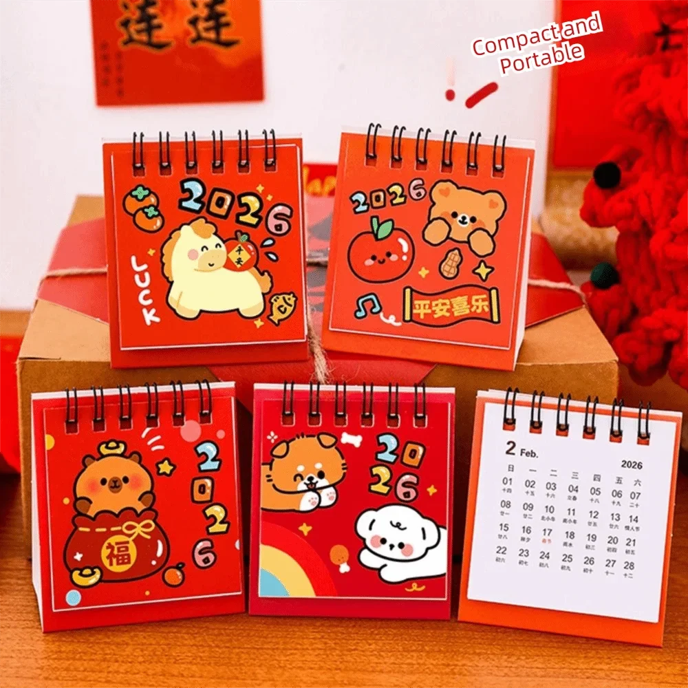 2026 Mini Desk Calendar – Cute Cartoon Coil Binding Monthly Planner