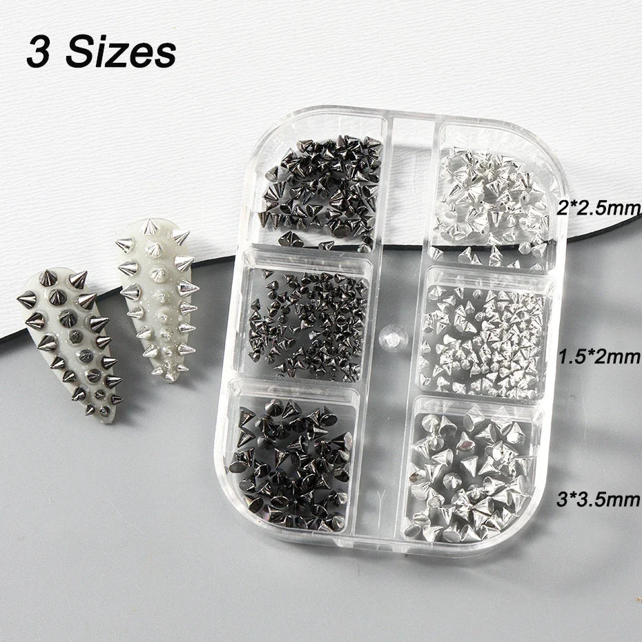 Punk Cone Spike Nail Charms – Gothic Metal Art Studs 6 Grid