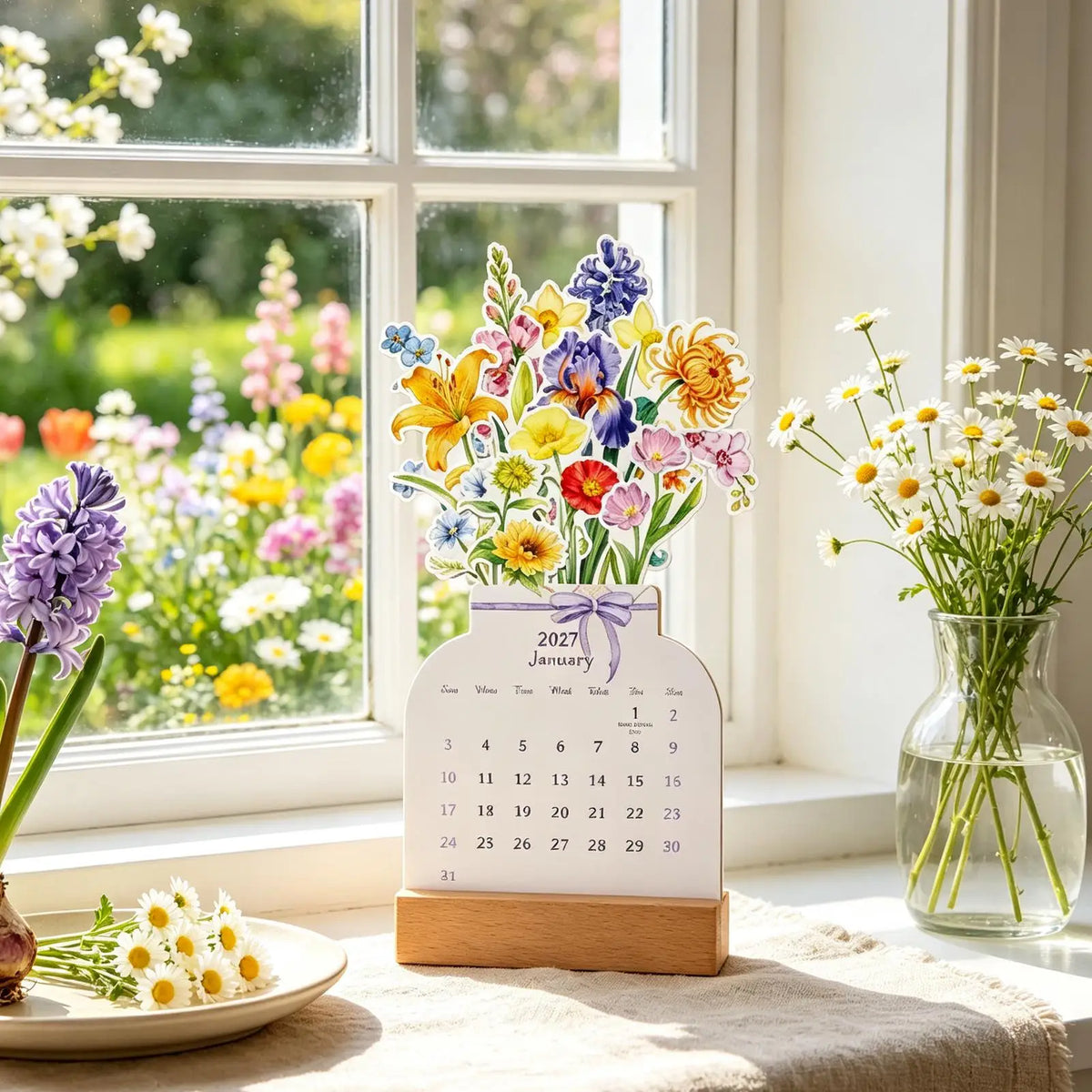 2027 Floral Desk Calendar | Vase Shape Wooden Base Standing