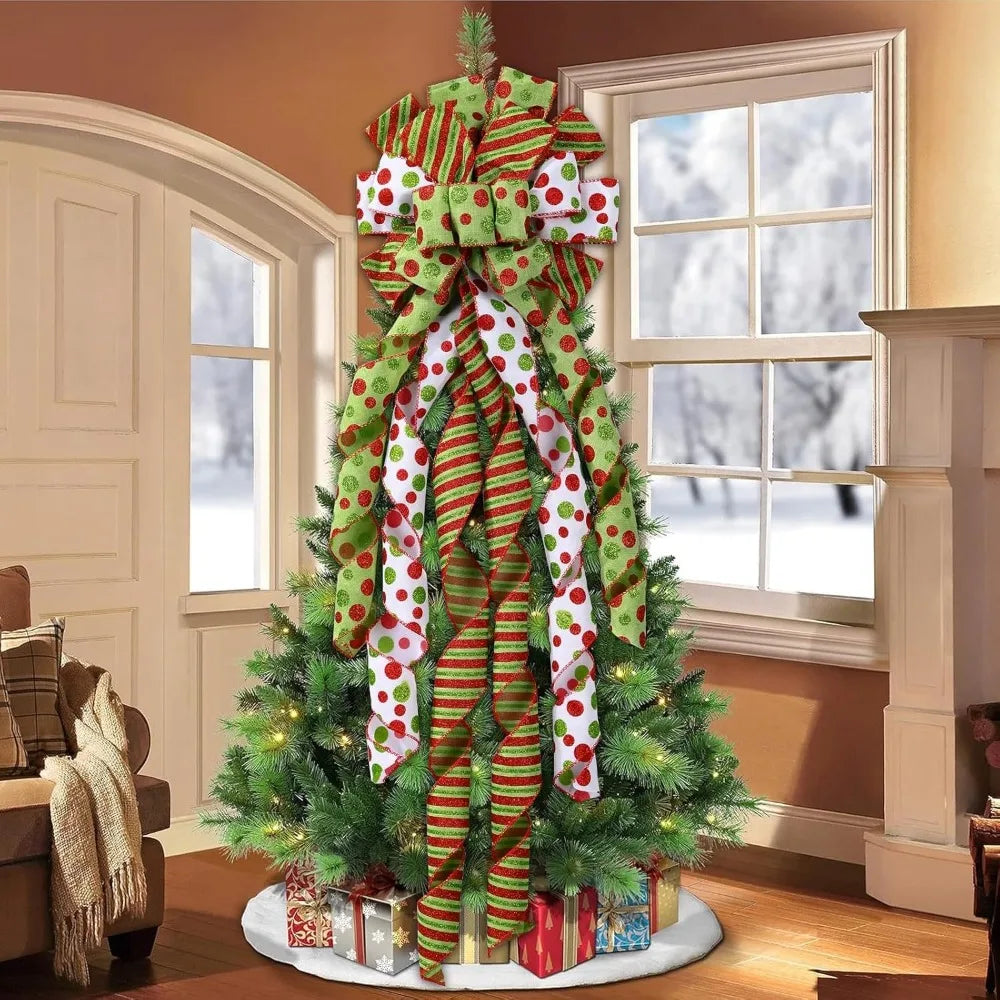 Large Christmas Bow Tree Topper – Red & Green Polka Dot