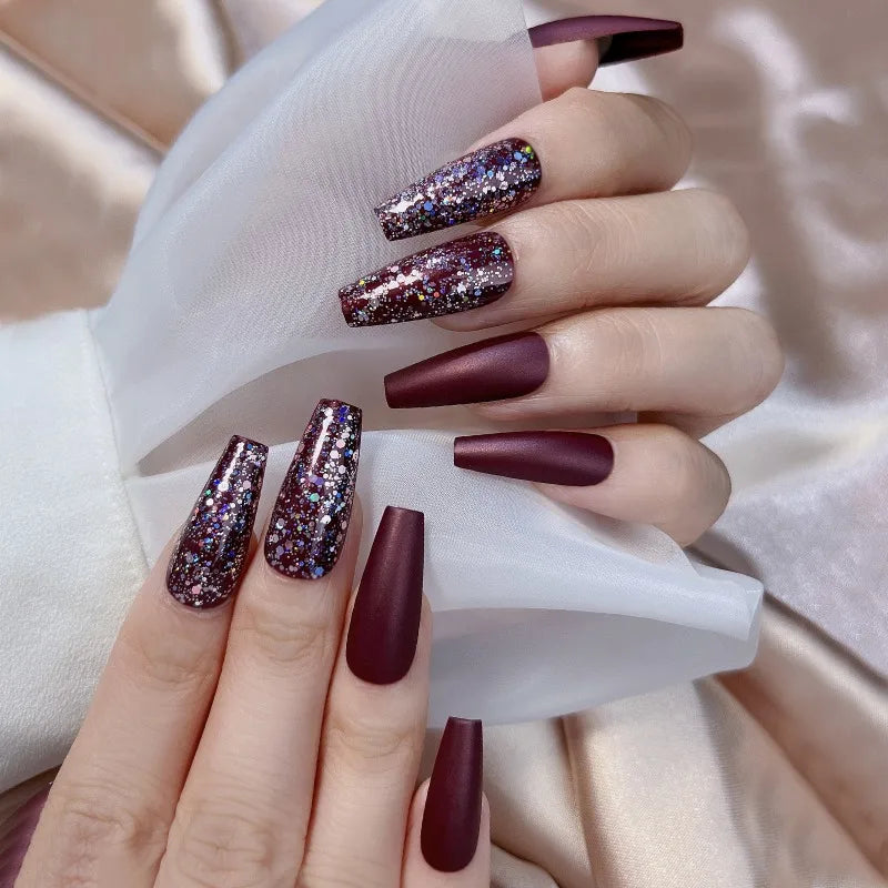 Wine Red Glitter Press-On Nails Crystal Finish L Size – 24 Pcs