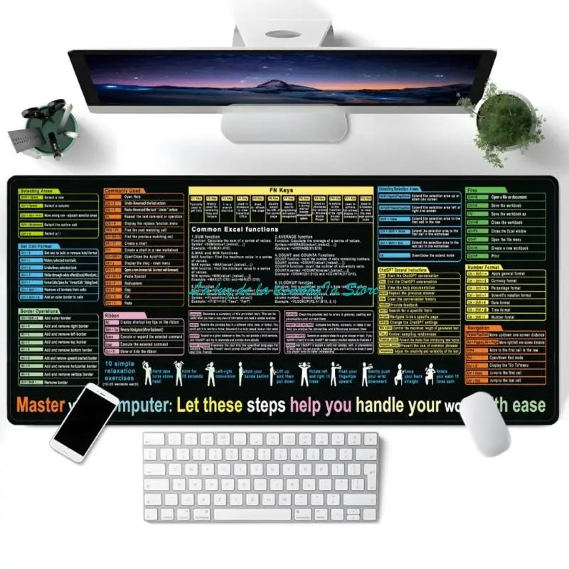 Extended Desk Mat with Keyboard Shortcuts | Large Gaming Mouse Pad
