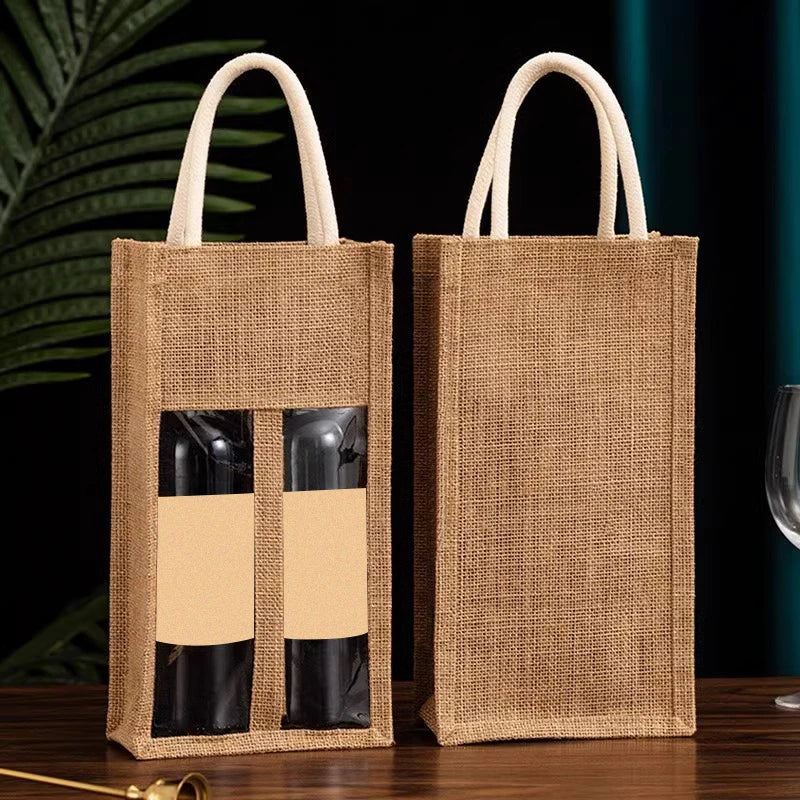 Linen Wine Gift Bag with Window & Handle – Single or Double Bottle