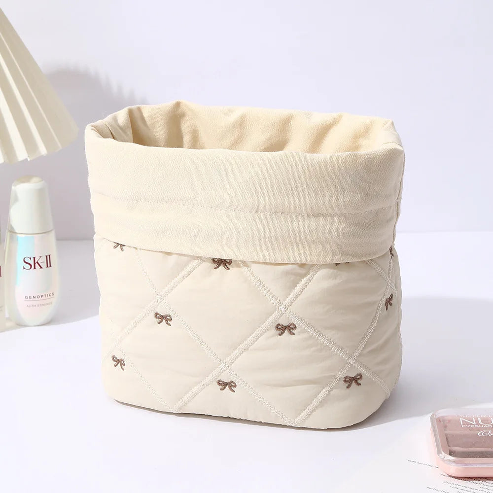 Quilted Drawstring Makeup Bag – Bow Embroidery Travel Organizer
