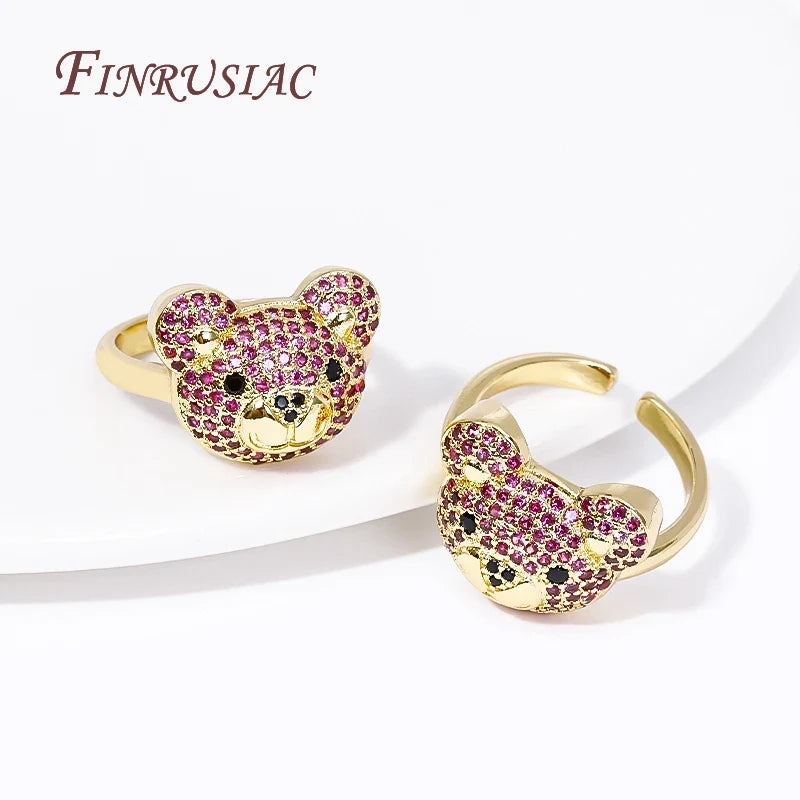 18K Gold Plated Zircon Bear Ring – Adjustable Open Ring