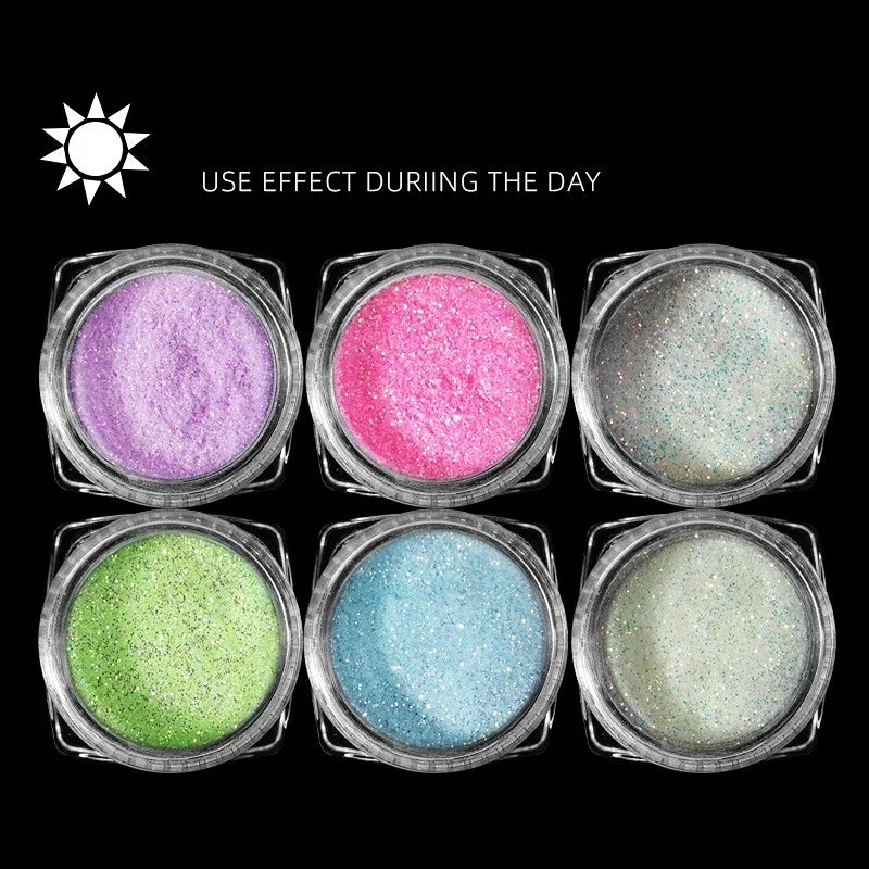 6-Color Glow Nail Glitter Powder Set – Sparkling DIY Manicure