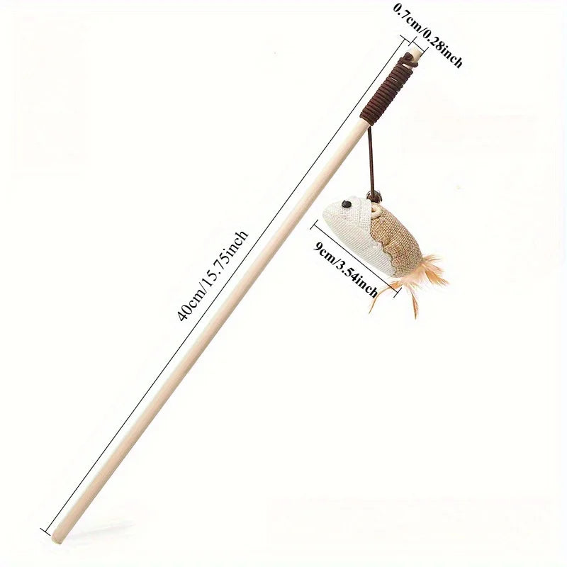 Wooden Cat Teaser Wand Toy – Feather Bell & Mouse Lure