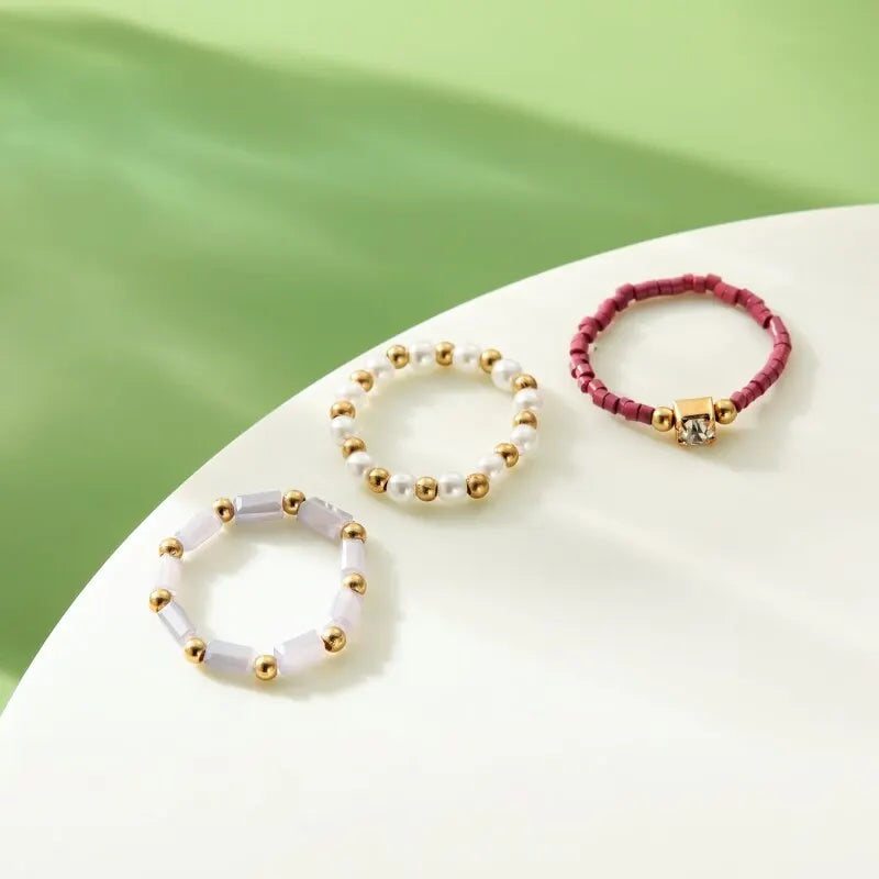 3-Piece Pearl Beaded Bohemian Rings Set – Purple Party Jewelry