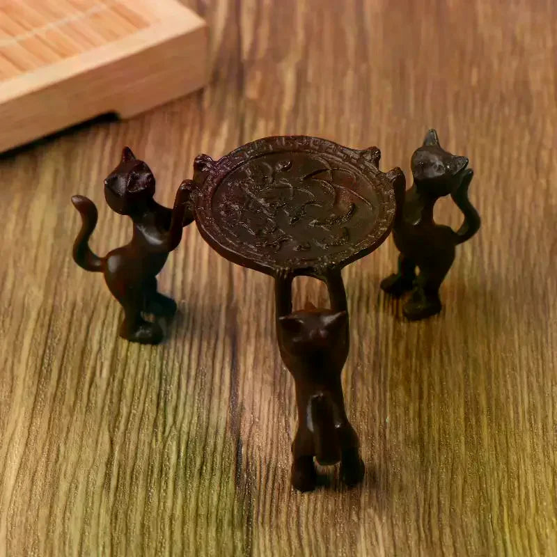 Mini Retro Three-Kitty Bronze Tray – Incense Burner & Candle Holder