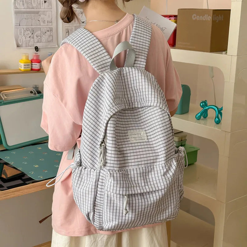 Japanese Plaid Canvas Backpack – Large Capacity Student Bag