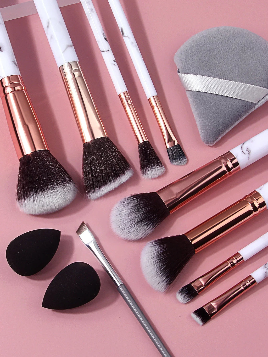 10Pcs Marble Makeup Brush Set with Sponge Puff – Full Kit
