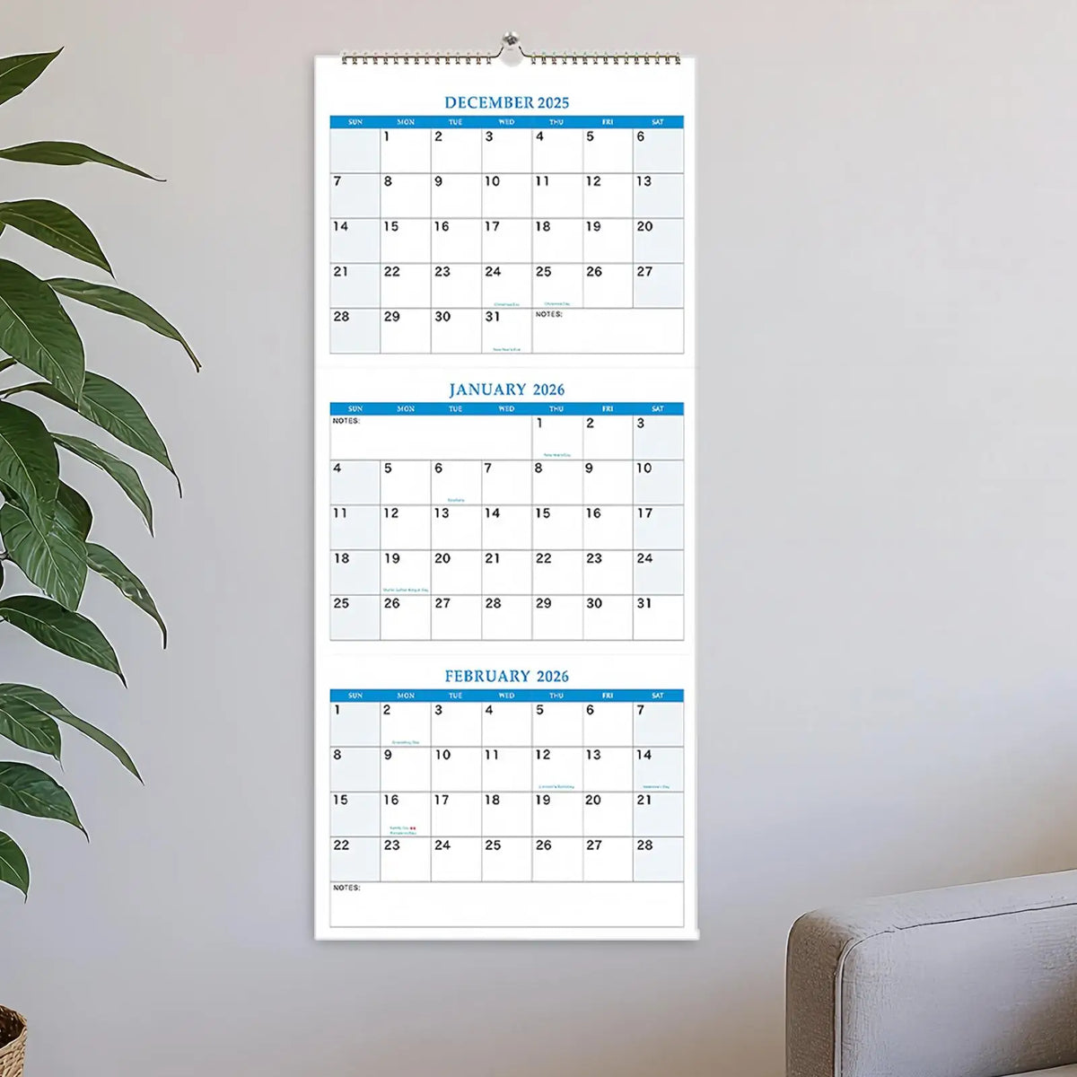 2026 Wall Calendar – 16-Month 3-Month Vertical Planner