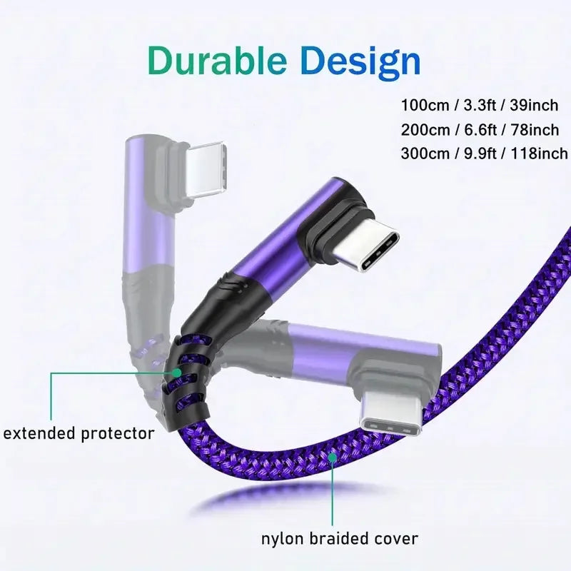 90° Elbow 60W USB-C Fast Charging Cable 3M Nylon Braided