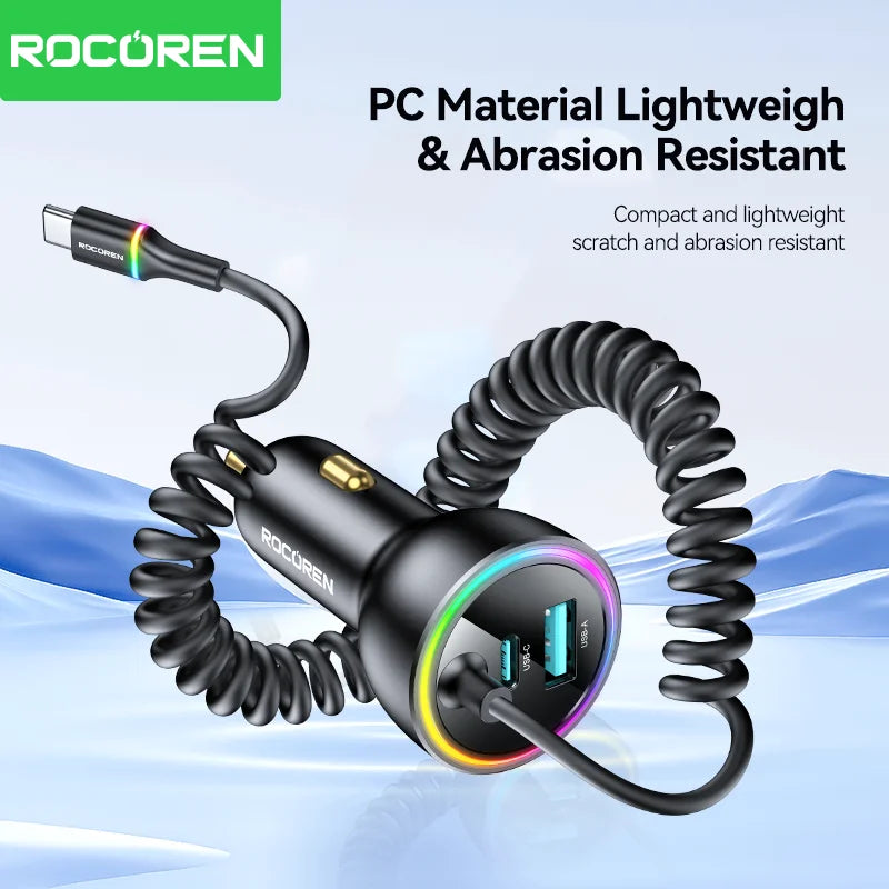 Rocoren 70W USB-C Car Charger with Spring Cable | Fast Charge
