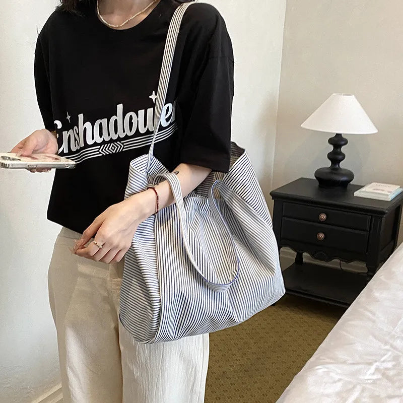 Women's Striped Canvas Tote Bag – Large Shoulder Bag