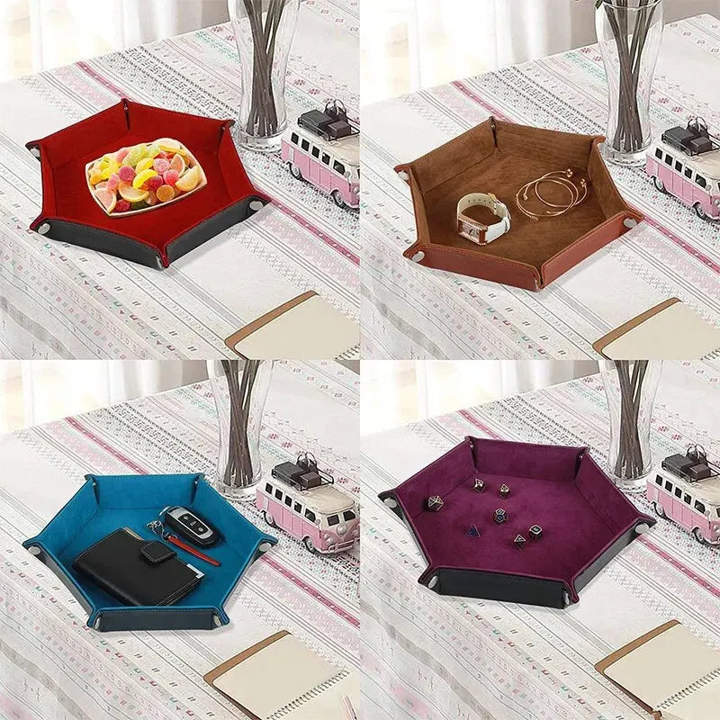 Hexagonal PU Leather Dice Tray – Foldable Board Game Organizer