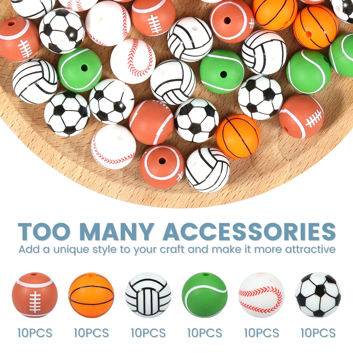 60Pcs Silicone Sports Ball Beads 15mm Bulk DIY Craft Mix