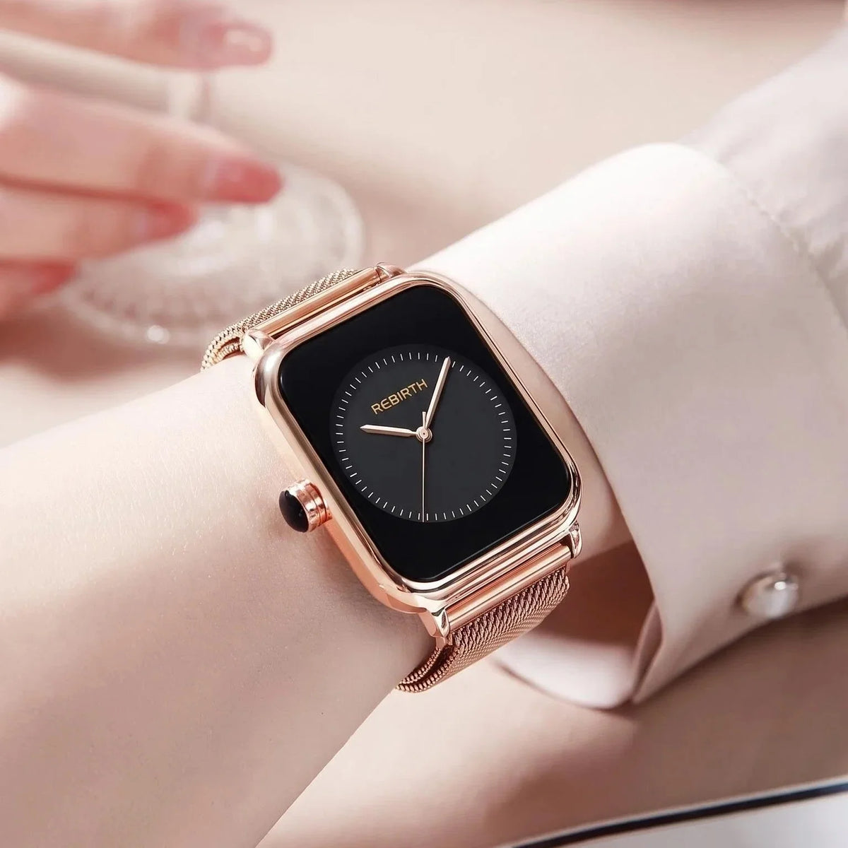 REBIRTH Rose Gold Square Women's Watch – Black Dial Quartz