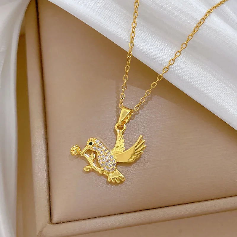 Women's Rose Crane Pendant Necklace – Gold Stainless Steel