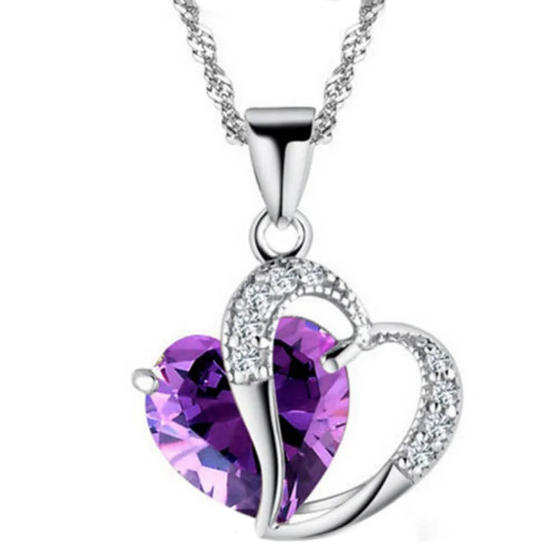 Women's Heart Crystal Rhinestone Silver Pendant Necklace