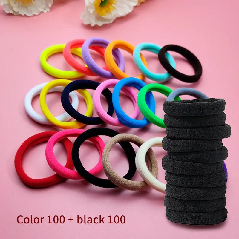 200+ Seamless Elastic Hair Bands – Black & Colorful Pack