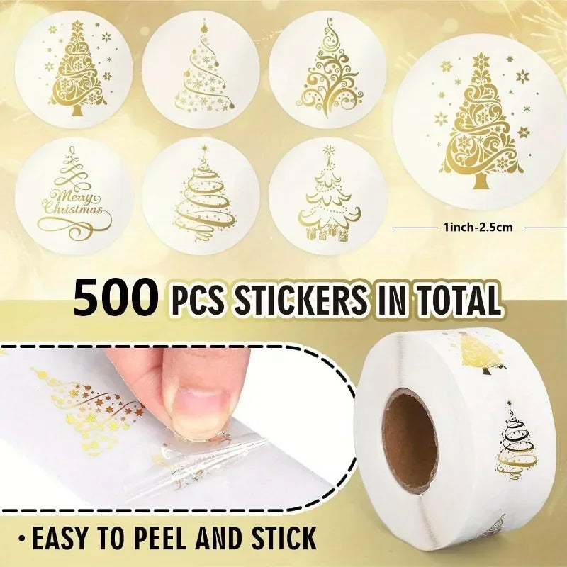 500pcs Gold Foil Christmas Tree Stickers – Clear Vinyl Decals
