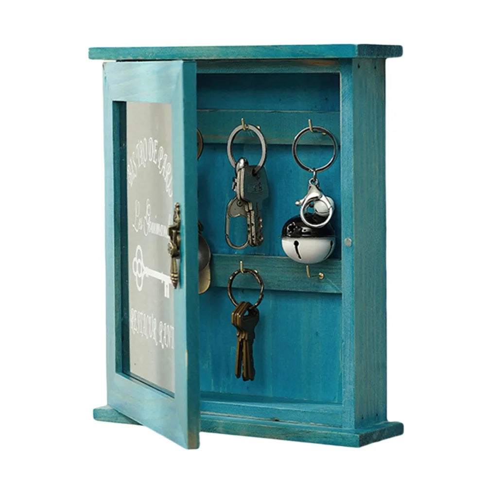 Vintage Wooden Key Cabinet – Wall Mounted, 6 Hooks & Glass Door