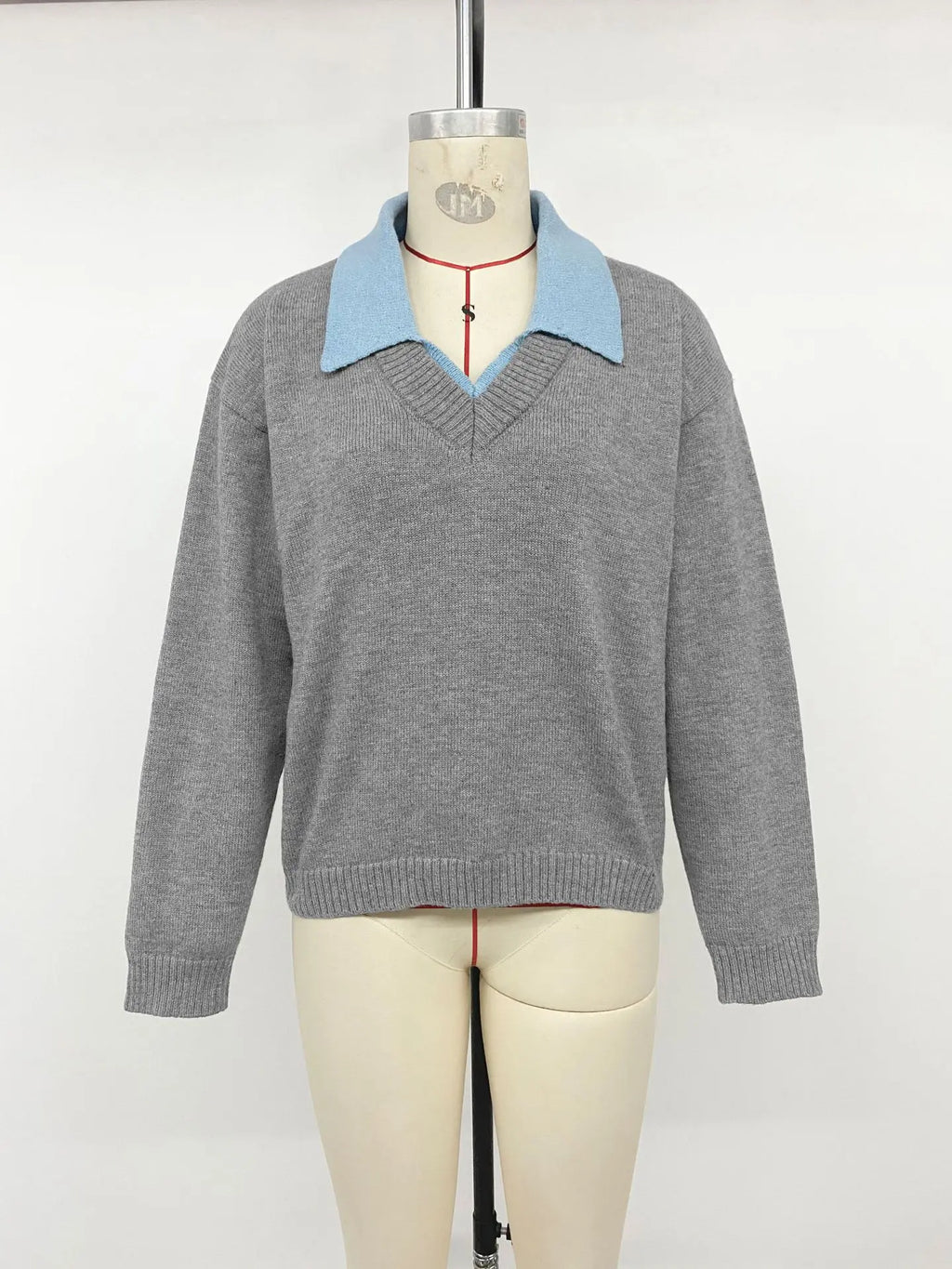 Women's Polo Neck Patchwork Knit Pullover Sweater | Loose Fit