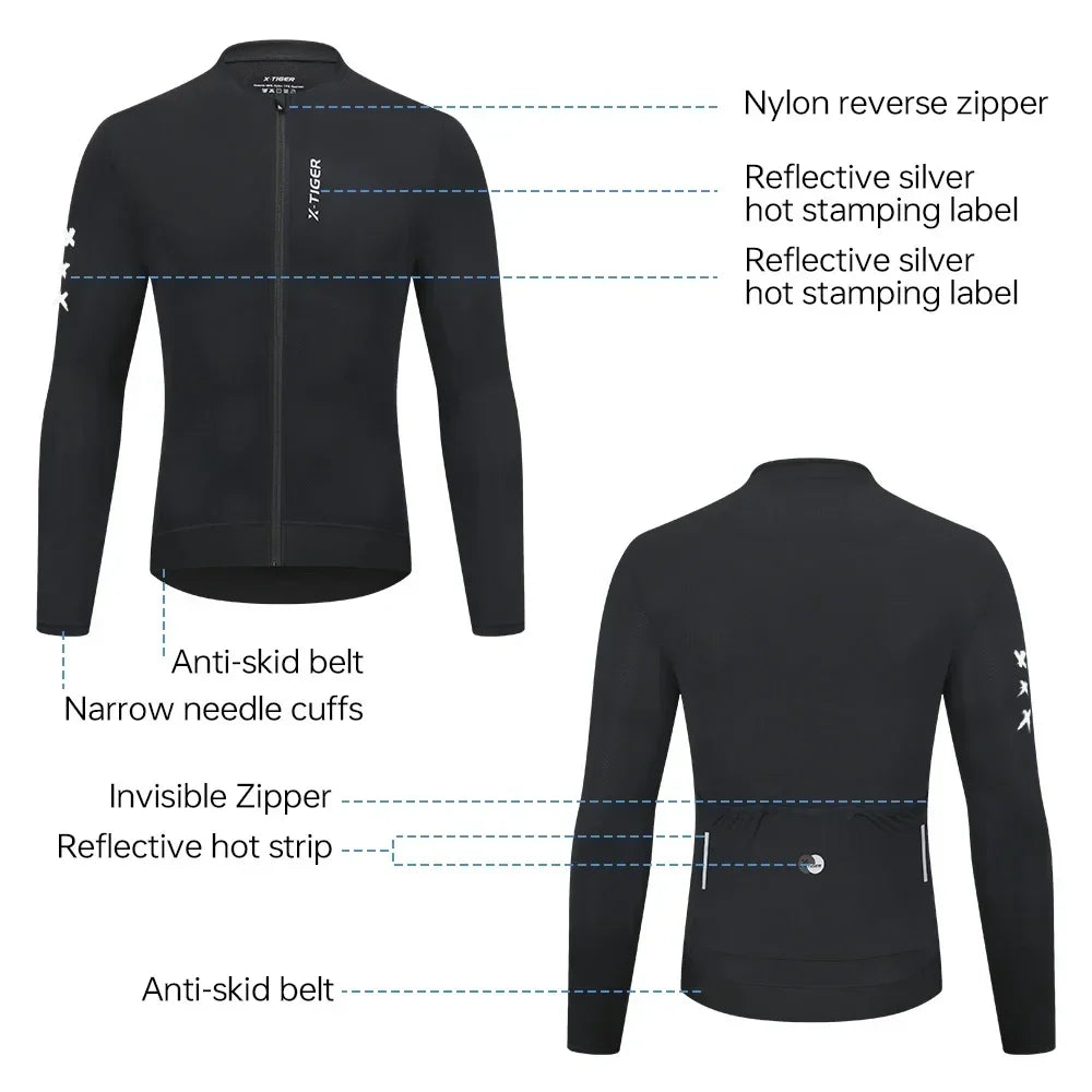 X-TIGER Men's Long Sleeve Cycling Jersey | MTB Zip Shirt