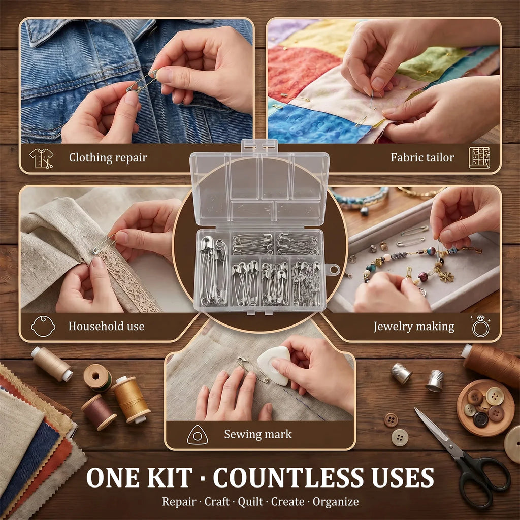 250Pcs Assorted Safety Pins Set – 6 Sizes, Rust Resistant