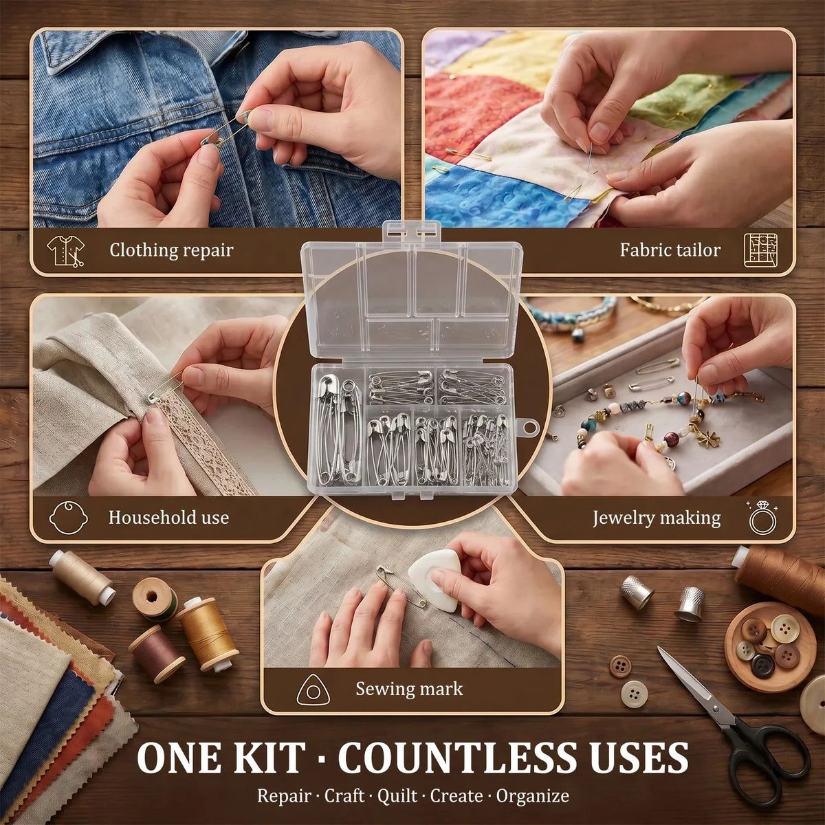 250Pcs Assorted Safety Pins Set – 6 Sizes, Rust Resistant