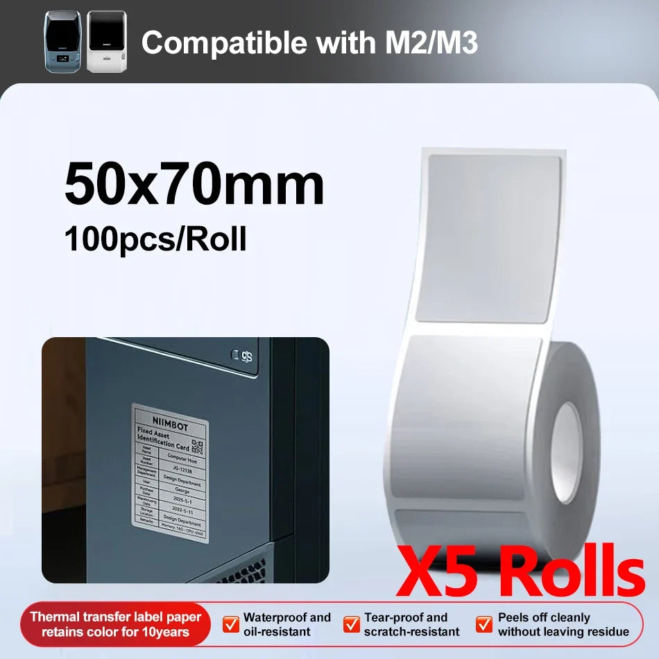 Niimbot M2/M3 Silver Thermal Transfer Labels – 3 or 5 Roll Pack