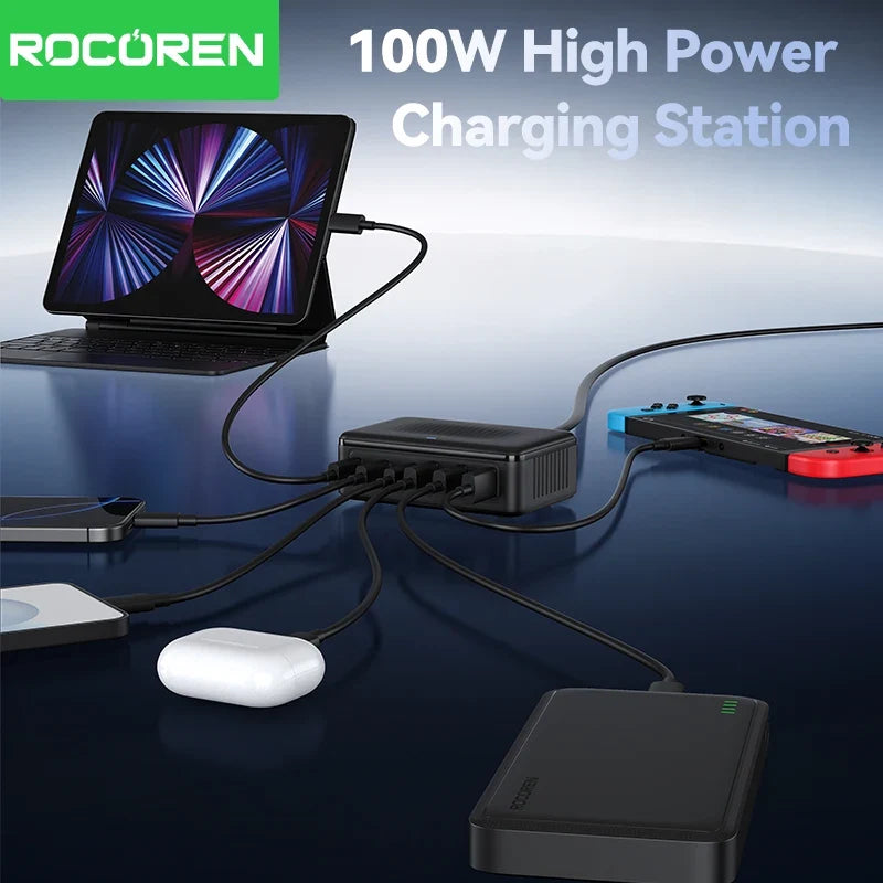 Rocoren 100W GaN 6-Port Charging Station | Fast USB-C Charger