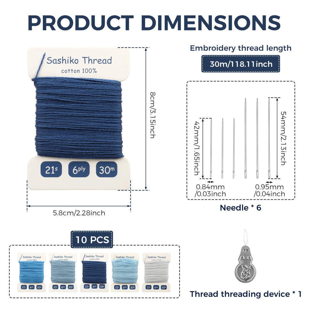Sashiko Thread & Needle Kit – 300m Pure Cotton Embroidery Set