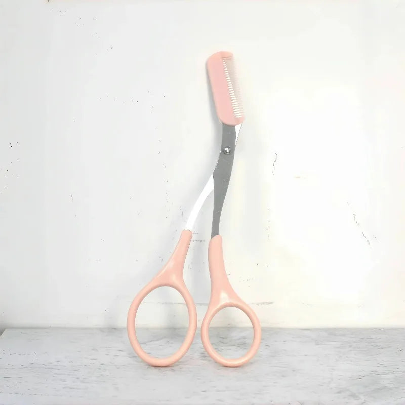 Pink Eyebrow Scissors with Built-In Comb – Stainless Steel