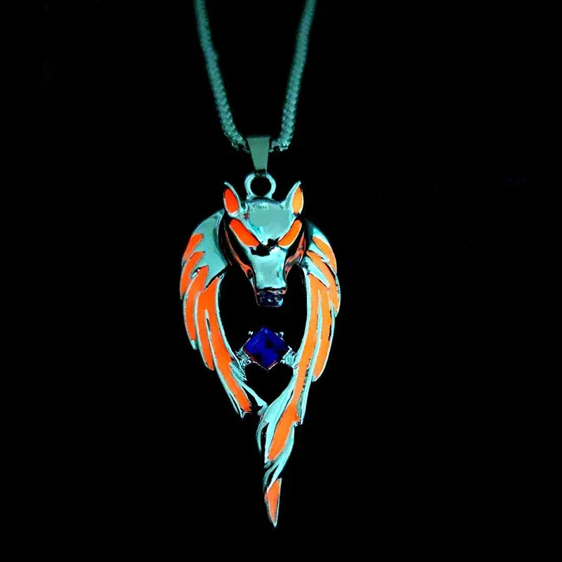 Glow in the Dark Wolf Pendant Necklace | Gothic Punk Steel Chain