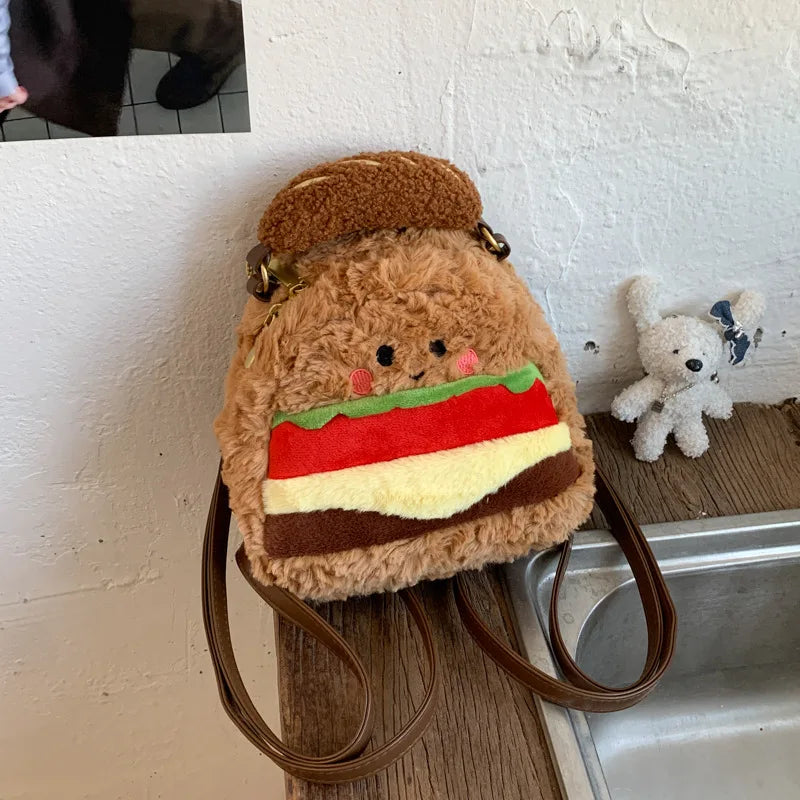 Cute Plush Hamburger Mini Backpack | Novelty Bag for Women
