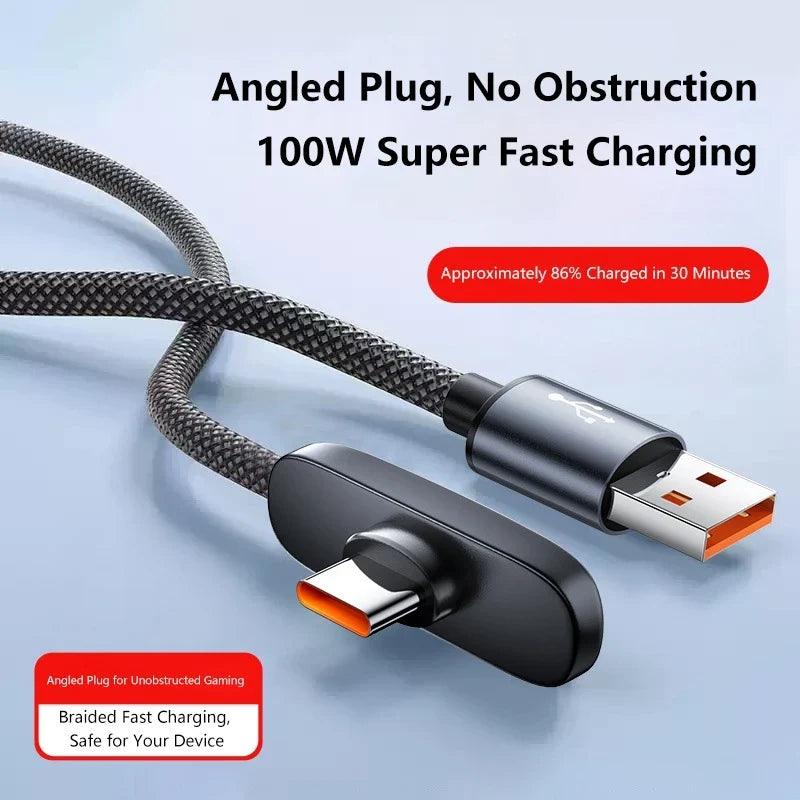 100W 90-Degree USB-C Fast Charging Braided Cable | Right Angle