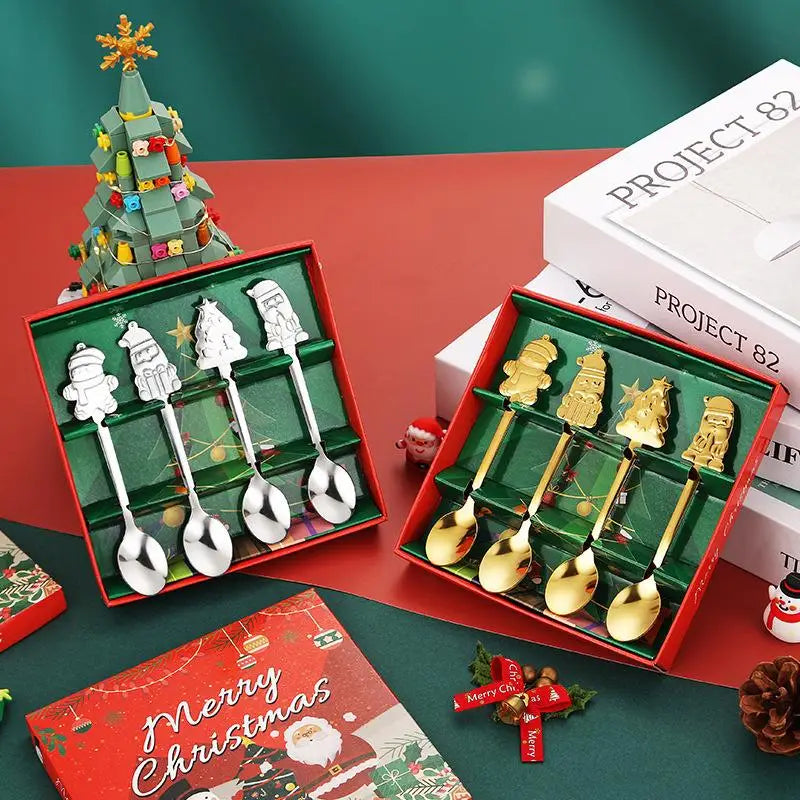 Christmas Stainless Steel Spoon Set 4Pcs – Santa Snowman Tree
