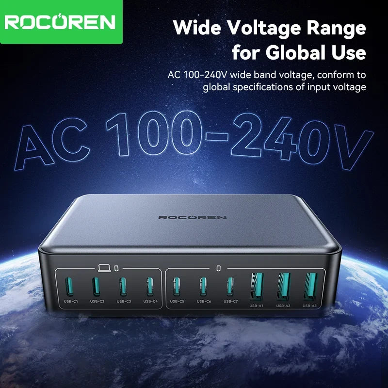 Rocoren 400W GaN Charging Station 10-Port USB-C & USB-A Hub