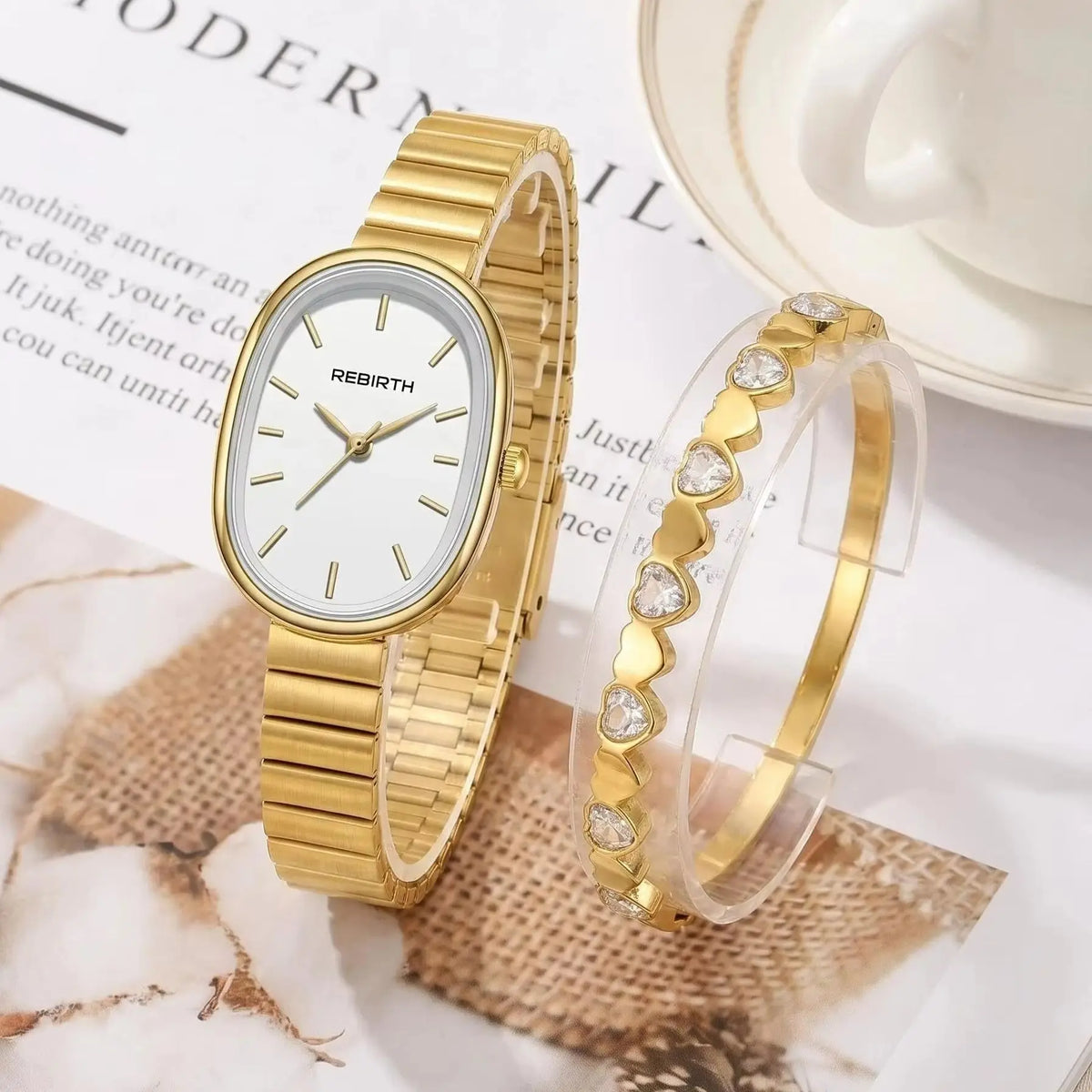 Women's Gold Watch & Bracelet Set – 2-Piece Quartz Fashion