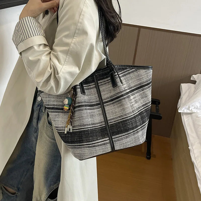 Large-Capacity Striped Canvas Tote Bag – Women's Shoulder Bag
