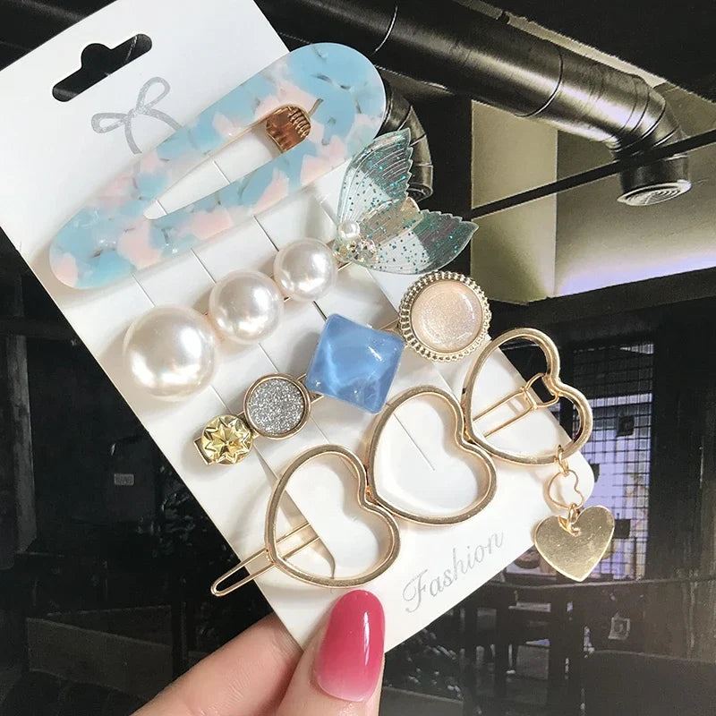 Pearl Crystal Hair Clips Set – Korean Geometric Barrettes