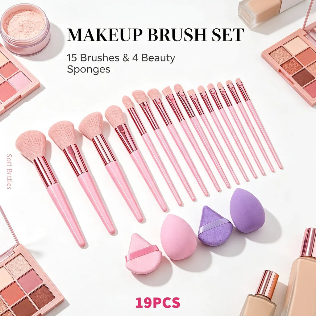 19-Piece Makeup Brush Set with Sponge – Full Beauty Kit
