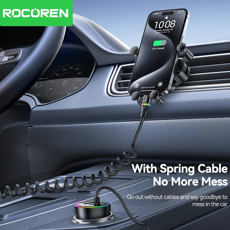 Rocoren 70W USB Car Charger PD 35W Fast Charge + Spring Cable
