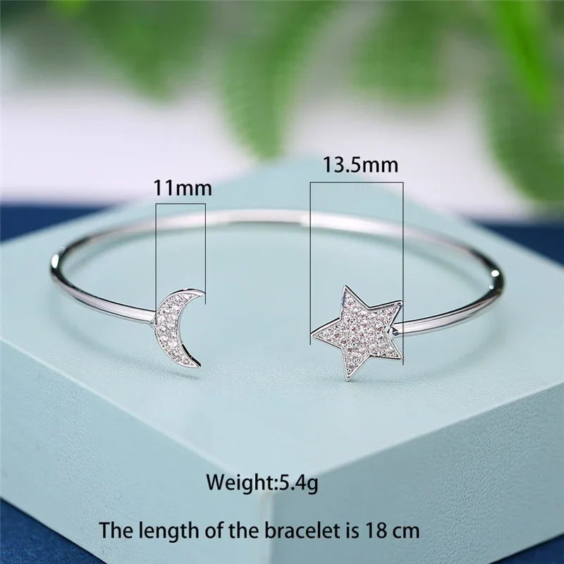 White Crystal Star Moon Adjustable Charm Bracelet | Silver