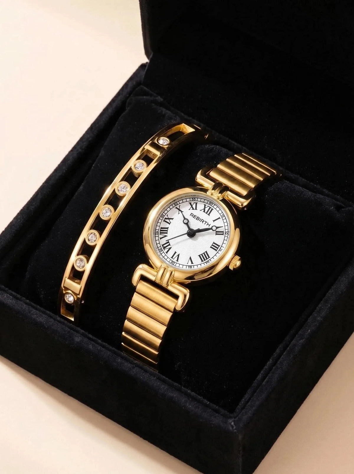 Women's Gold Watch & Bracelet Set – Quartz Roman Numeral Dial