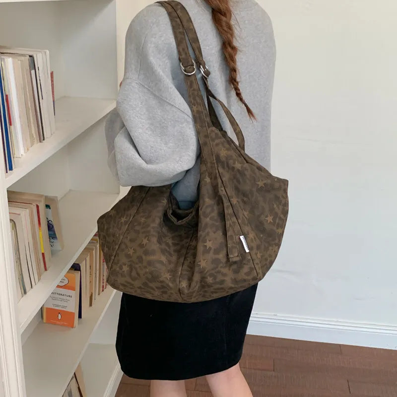 Leopard Print Canvas Tote Bag – Oversized Korean Women's Bag