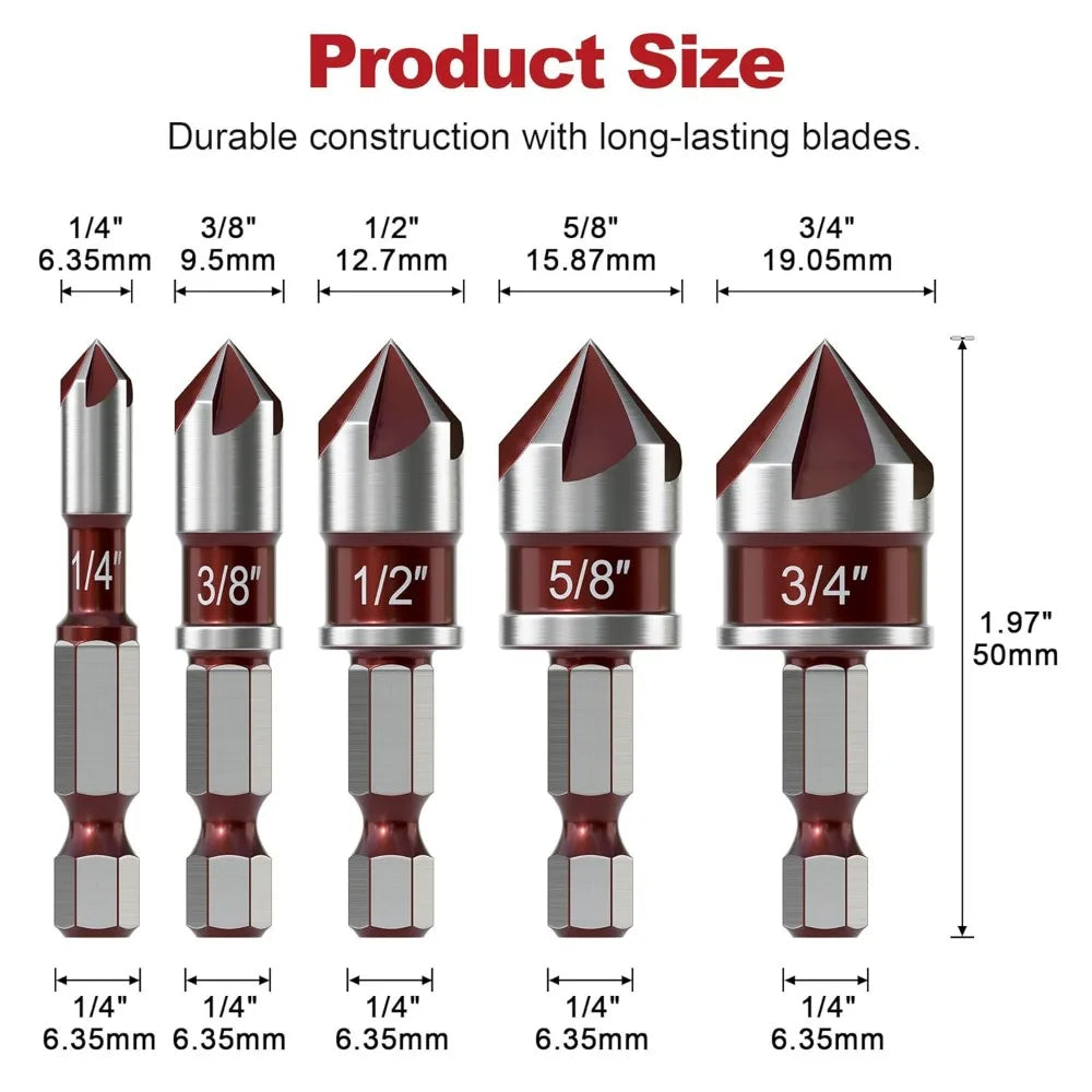 5-Piece Countersink Drill Bit Set | 1/4"–3/4" Hex Shank